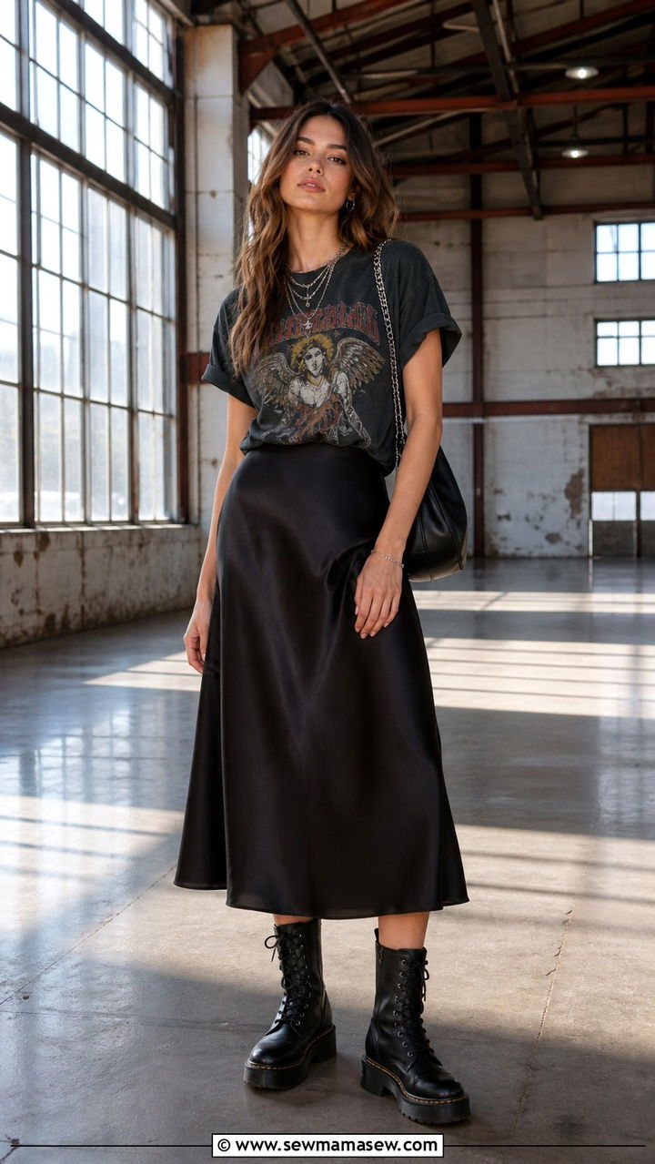 Graphic Band Tee And Satin Midi Skirt Spring Festival Outfit - 40 Spring festival outfits