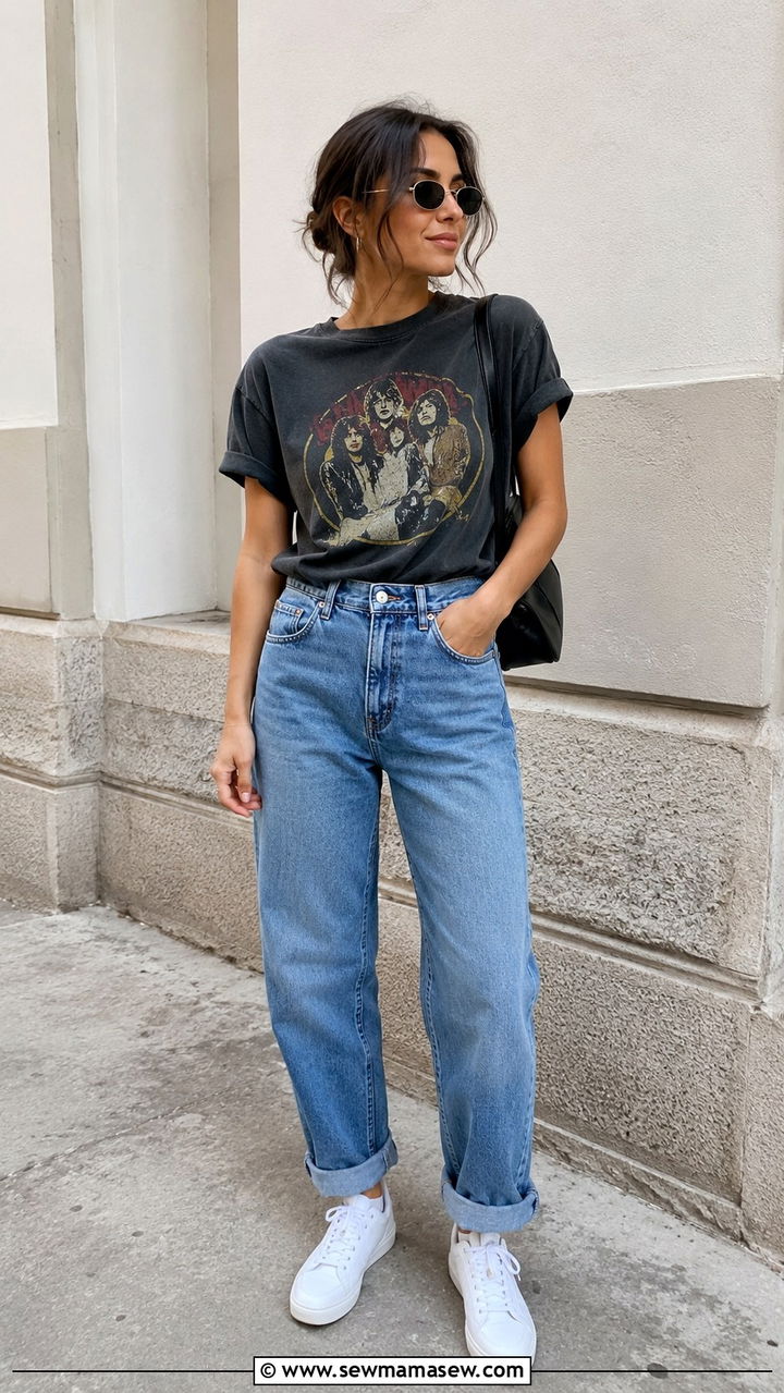 Graphic Band Tee Relaxed Cuffed Jeans Leather Belt - 30 classy 90s outfit ideas
