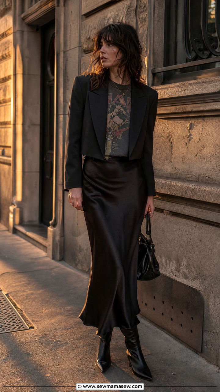Graphic Band Tee With A Satin Midi Skirt - 25 classy grunge outfit ideas