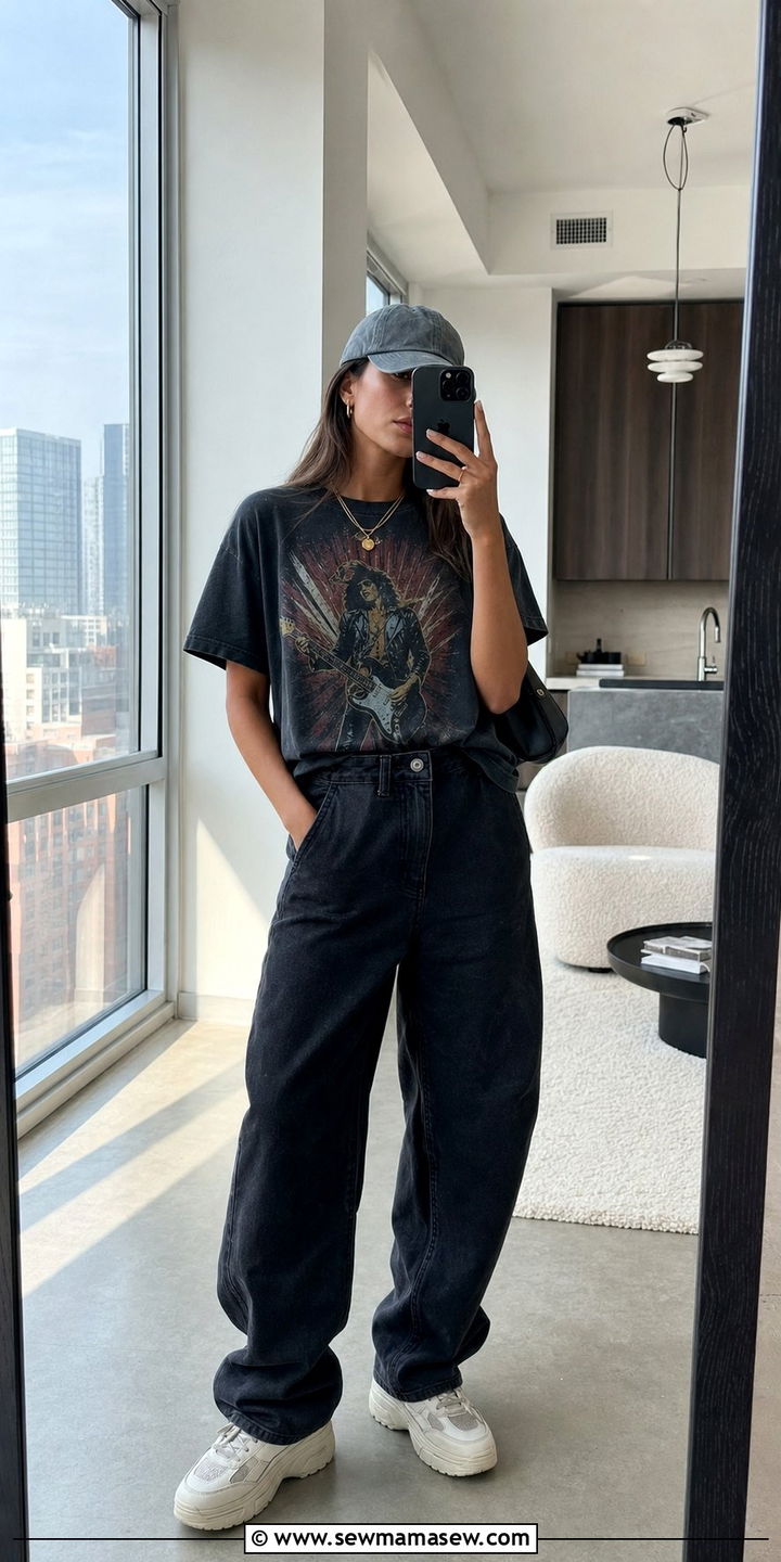 Graphic Band Tee With Black Denim Balloon Jeans Outfit - 35 balloon pants outfits ideas