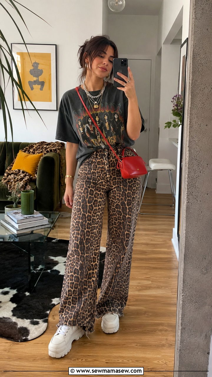 Graphic Band Tee With Leopard Print Pants And Platform Sneakers - 30 casual maximalist outfits