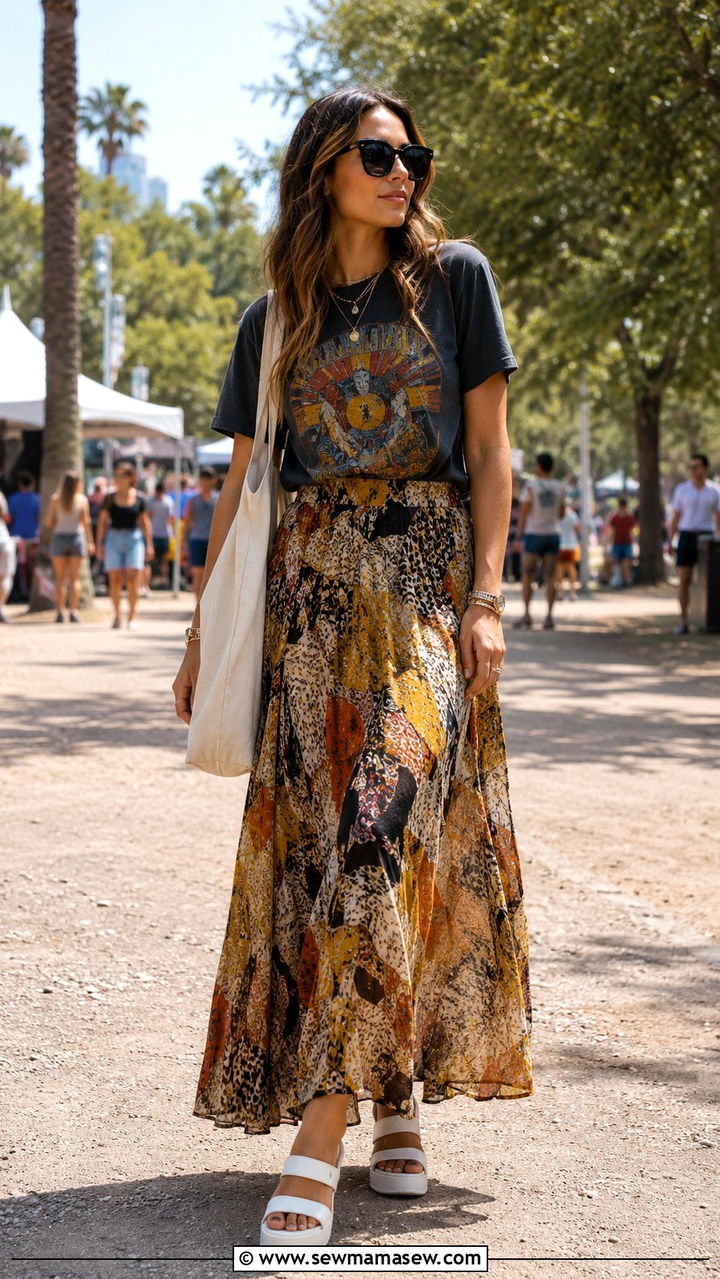 Graphic Band Tee and Abstract Print Maxi Skirt - 30 Boho outfit ideas for festival