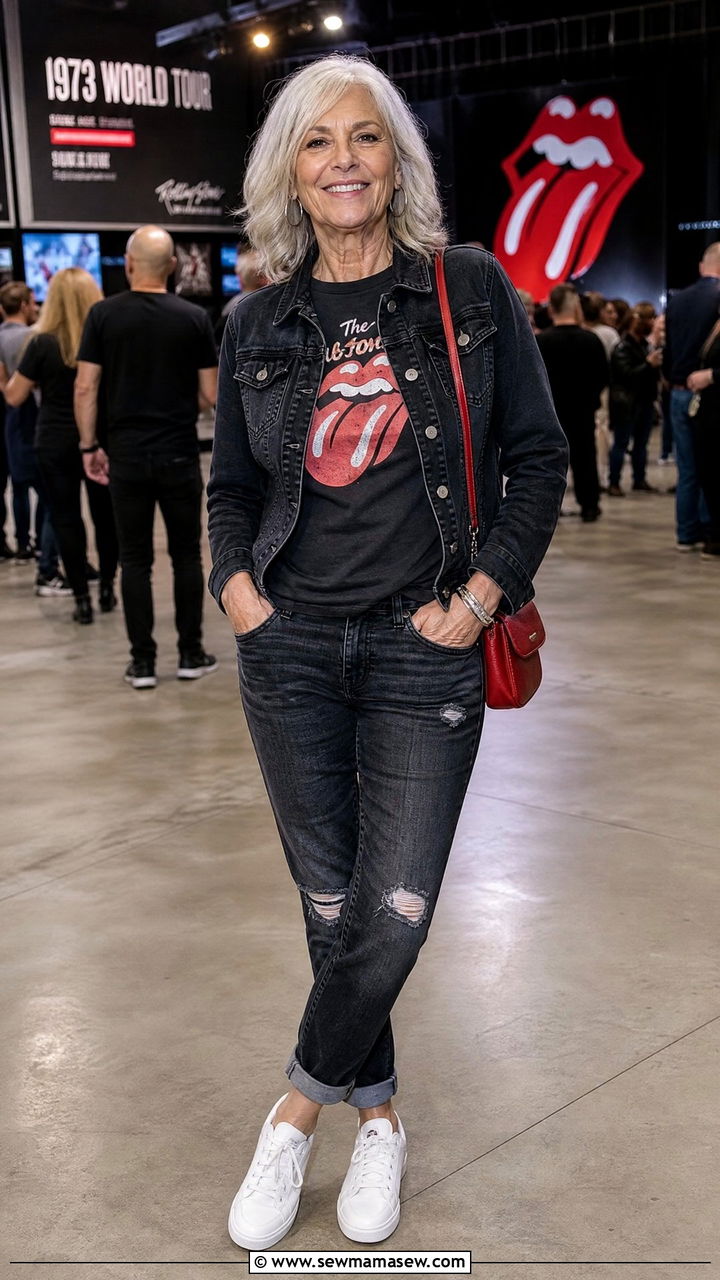 Graphic Band Tee and Dark Denim Jacket with White Sneakers - 30 Concert outfits for women over 60
