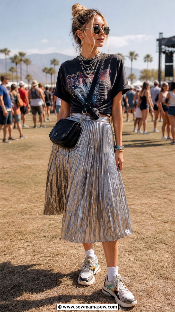 Graphic Band Tee and Metallic Pleated Skirt With Chunky Sneakers - 20 1 day music festival outfit ideas