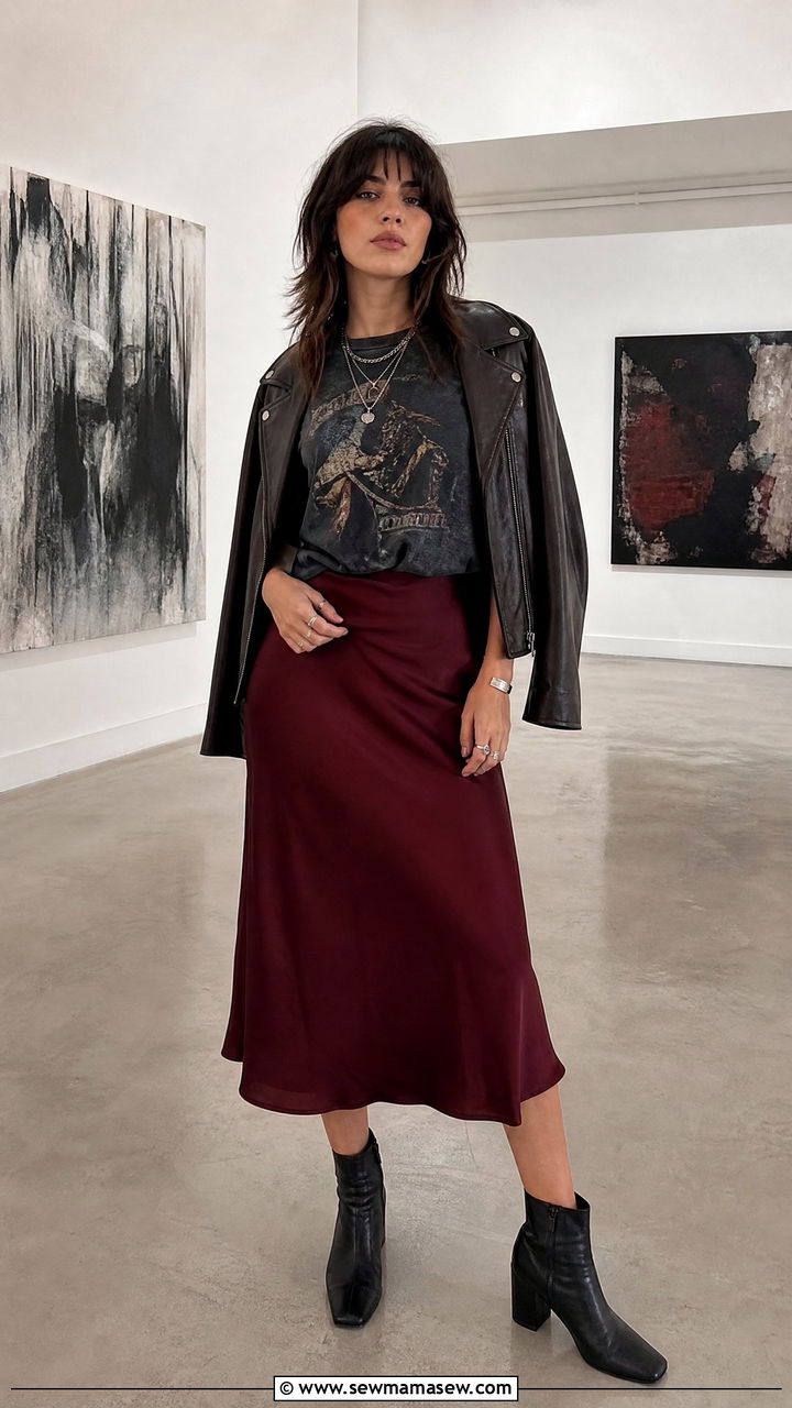 Graphic Band Tee and Satin Midi Skirt - 25 classy grunge outfits