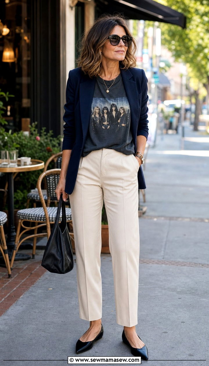 Graphic Band Tee with Blazer Outfit - 25 edgy outfit ideas for women over 40