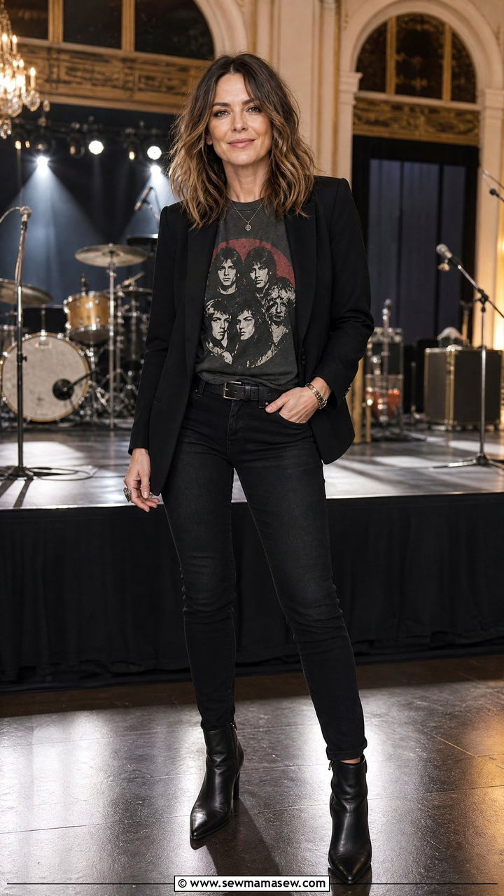 Graphic Band Tee with Blazer and Black Jeans - 30 Concert outfit ideas for women over 40