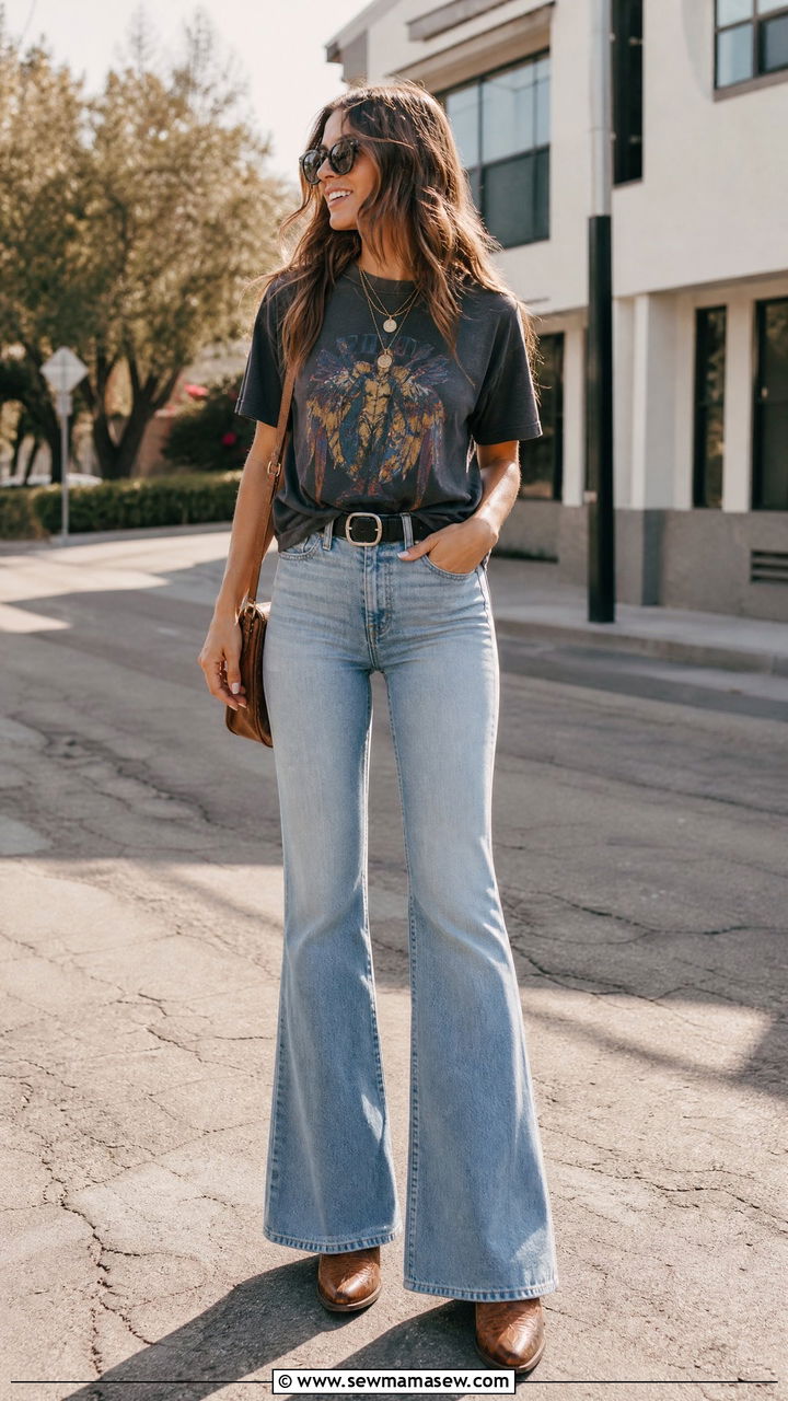 Graphic Band Tee with Flare Jeans and Cowboy Boots - 30 Flare jeans outfit ideas with boots