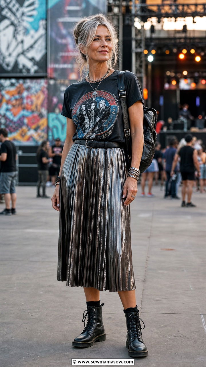 Graphic Band Tee with Pleated Midi Skirt and Combat Boots Festival Outfit - 30 music festival outfits for women over 40
