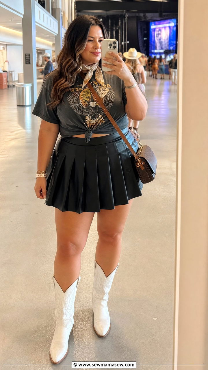 Graphic Band Tee with Pleated Mini Skirt - 30 Country concert outfit ideas plus size