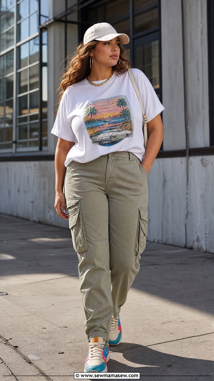 Graphic Cotton Tee With Cargo Pants And Retro Trainers - 25 casual outfits for women with big bust
