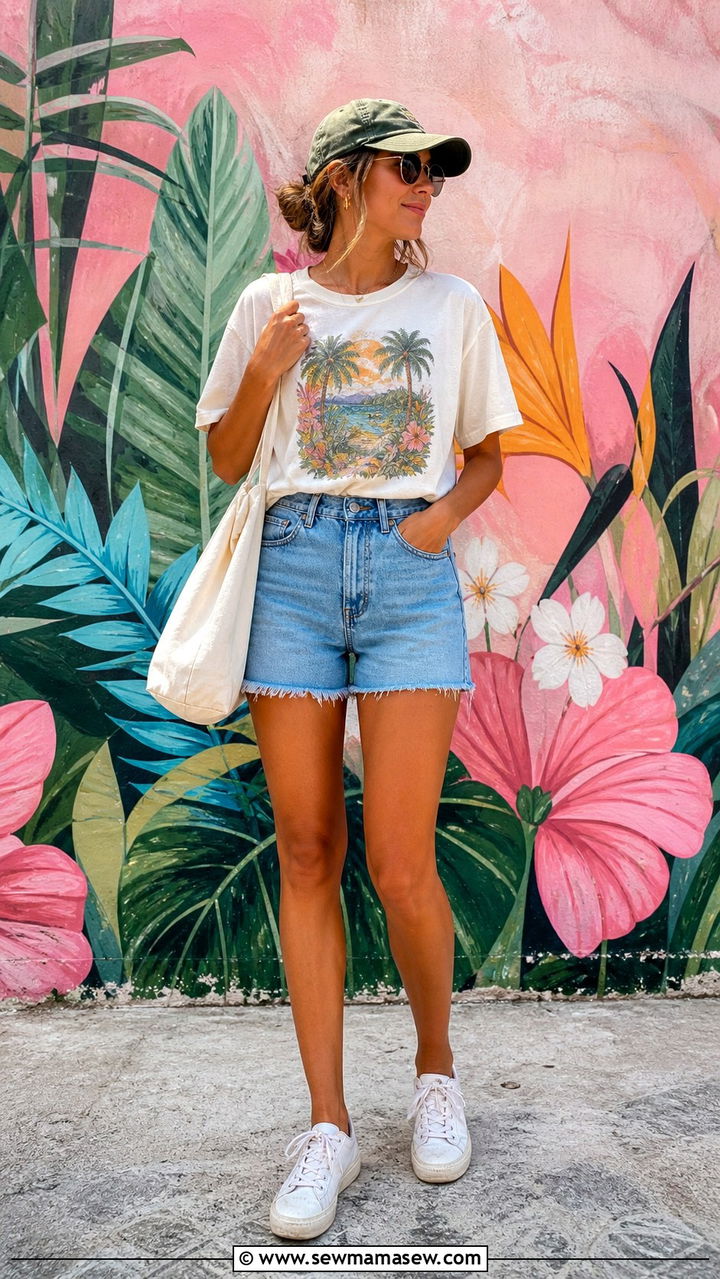 Graphic Cotton Tee With High Waisted Denim Shorts - 40 Bali outfit ideas