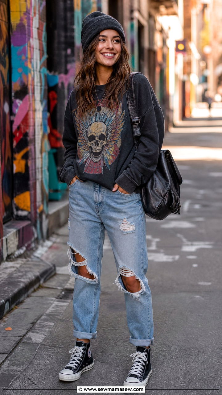 Graphic Crew Neck Sweatshirt With Distressed Jeans - 30 Crew neck sweatshirt outfit ideas