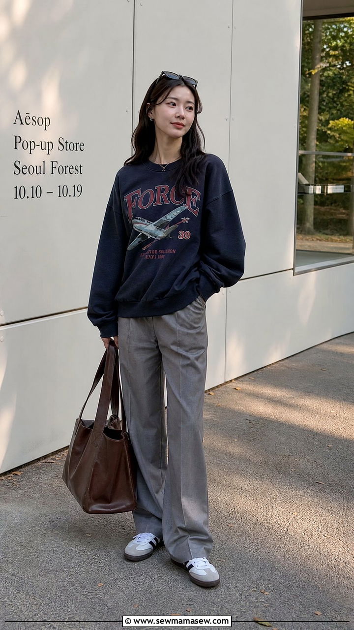Graphic Crewneck and Neat Trousers - 40 What to wear in Seoul