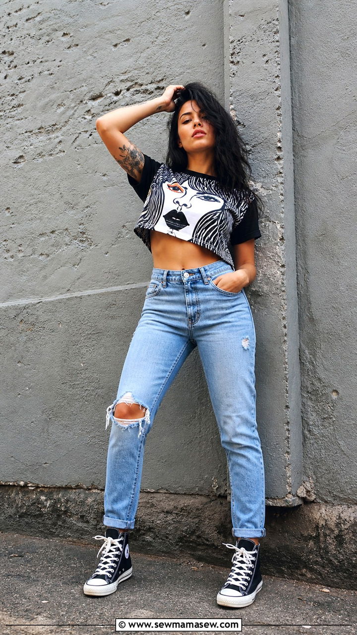Graphic Crop Top With Distressed Jeans And High Tops - 40 casual crop top outfits