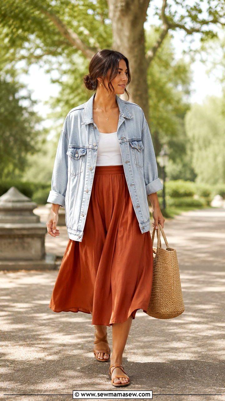 Graphic Designer Outfit With Denim Jacket And Flowy Midi Skirt - 20 Graphic designer outfit ideas