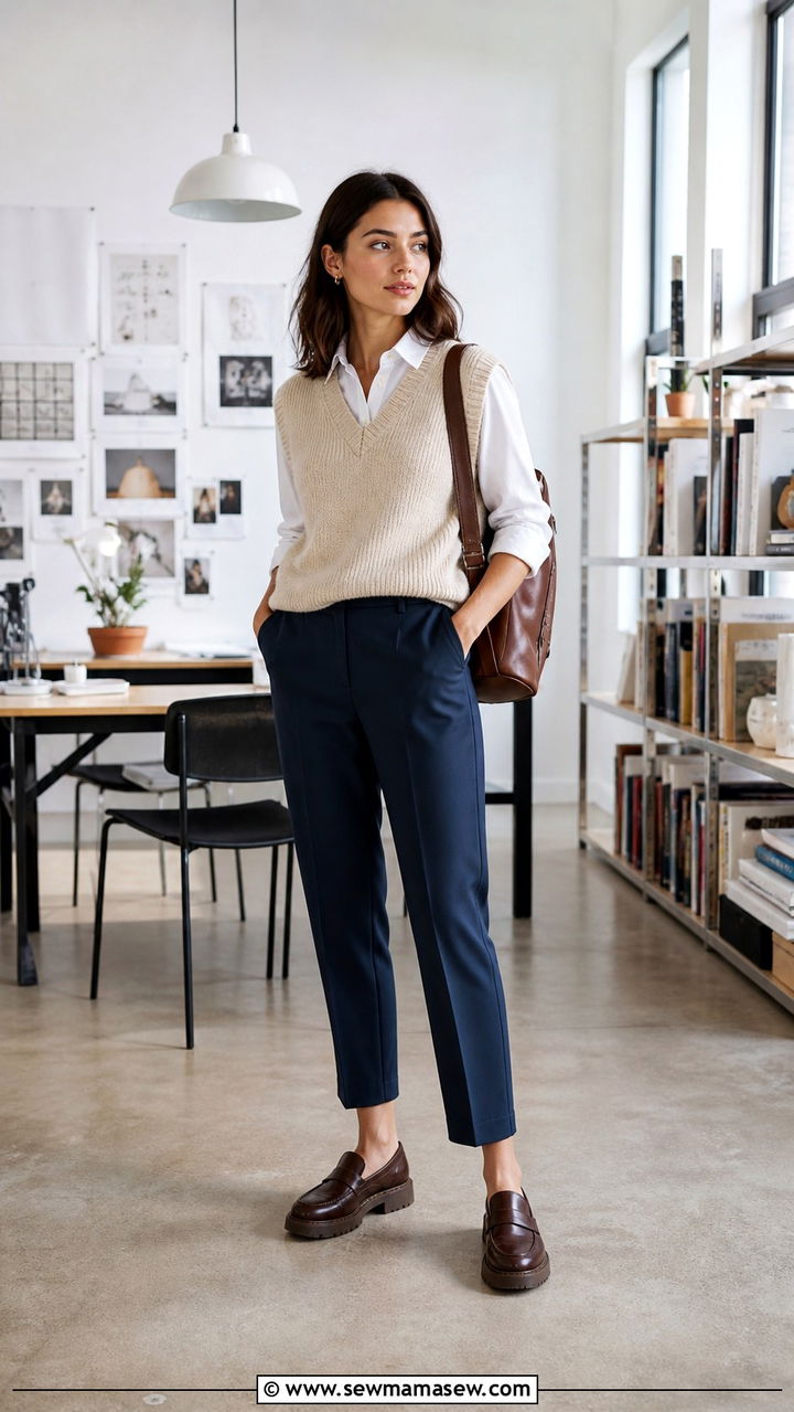 Graphic Designer Outfit With Sweater Vest And Tailored Trousers - 20 Graphic designer outfit ideas