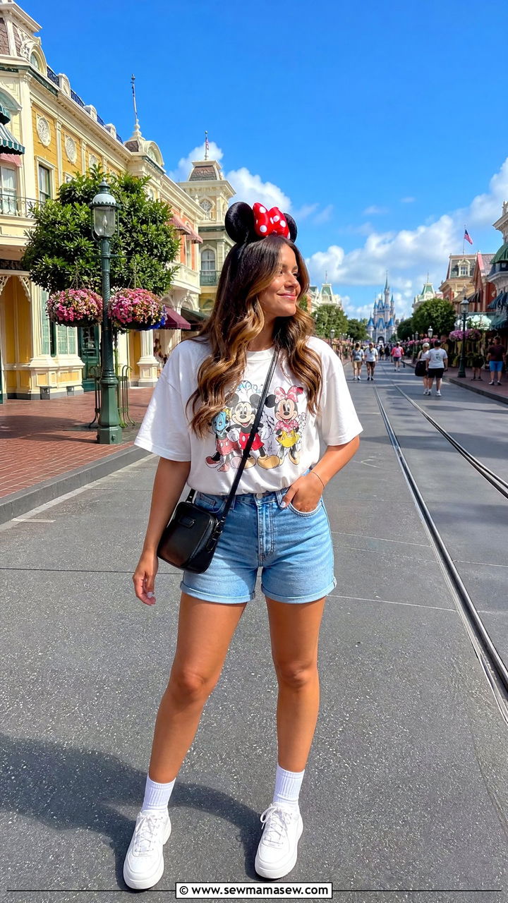 Graphic Disney Tee With High Waist Denim Shorts And Sneakers - 40 Disney trip outfit ideas
