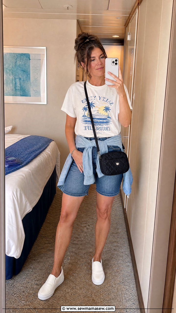 Graphic Disney Tee with Denim Shorts for a Sea Day - 25 Disney cruise outfit ideas 2026