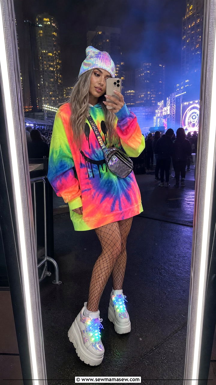 Graphic Hoodie Dress And Platform Sneakers - 30 EDM concert outfit ideas
