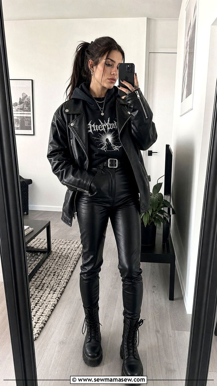 Graphic Hoodie Outfit with Biker Jacket and Leather Pants - 25 edgy capsule wardrobe outfits
