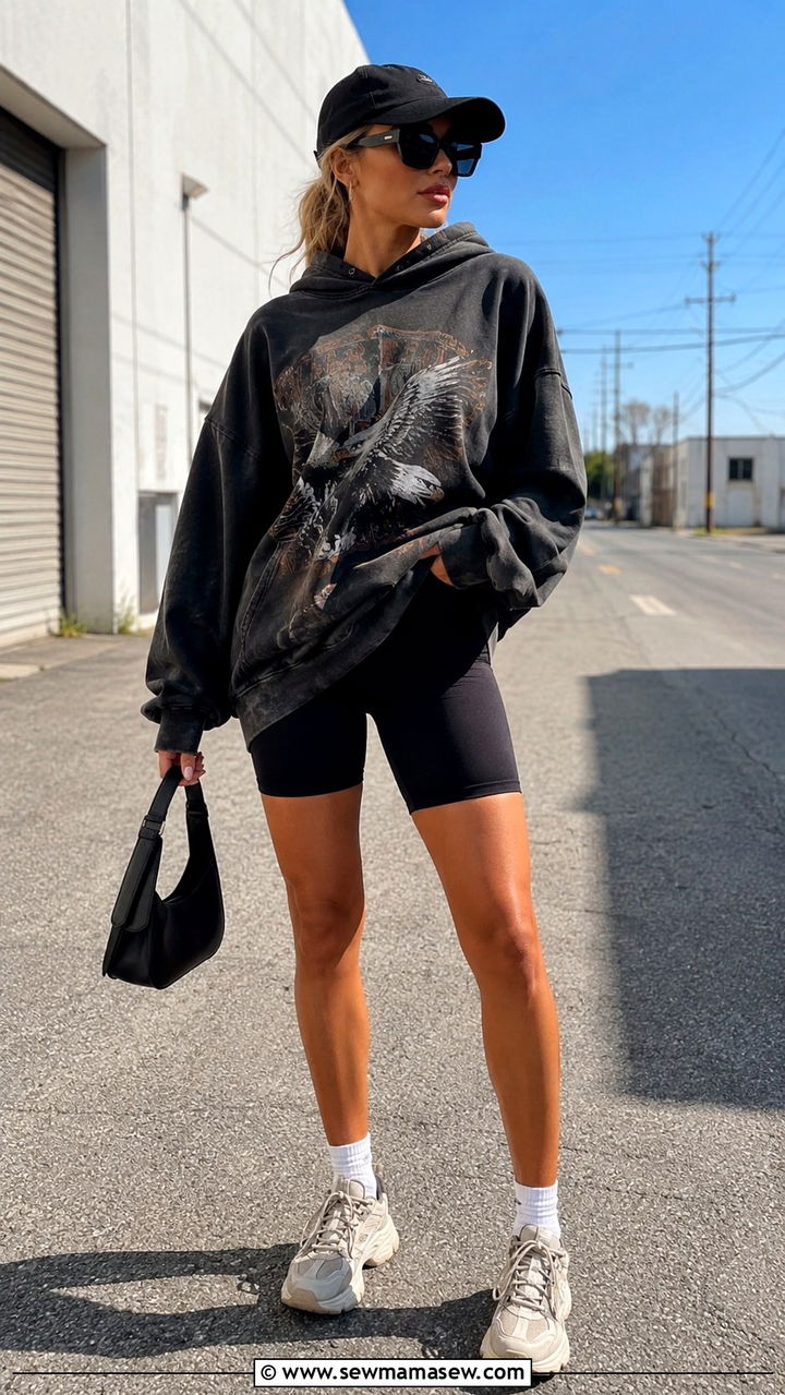 Graphic Hoodie With Bike Shorts And Chunky Sneakers - 25 Nepo kid outfit ideas