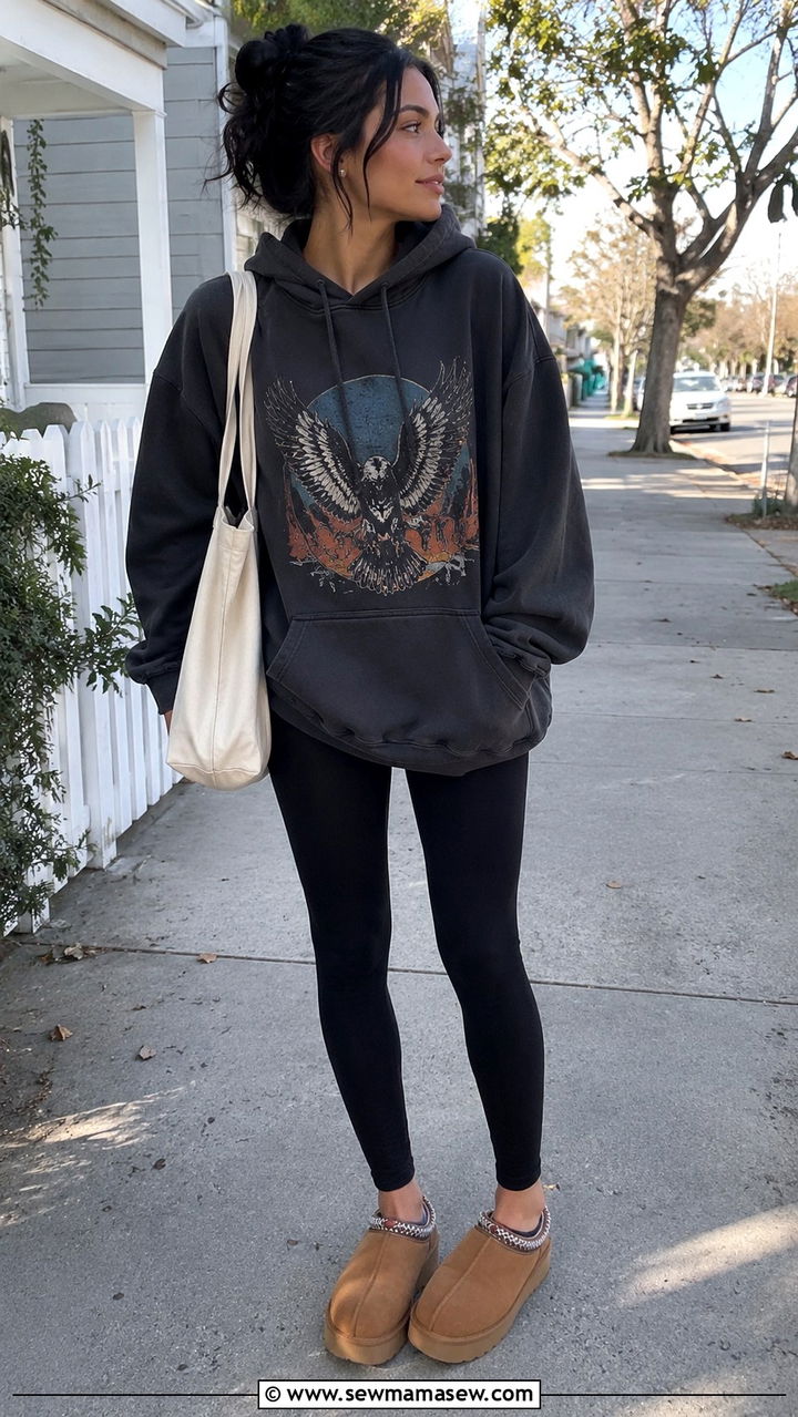Graphic Hoodie With Black Leggings And Tasman Slippers - 25 Uggs and leggings outfit ideas