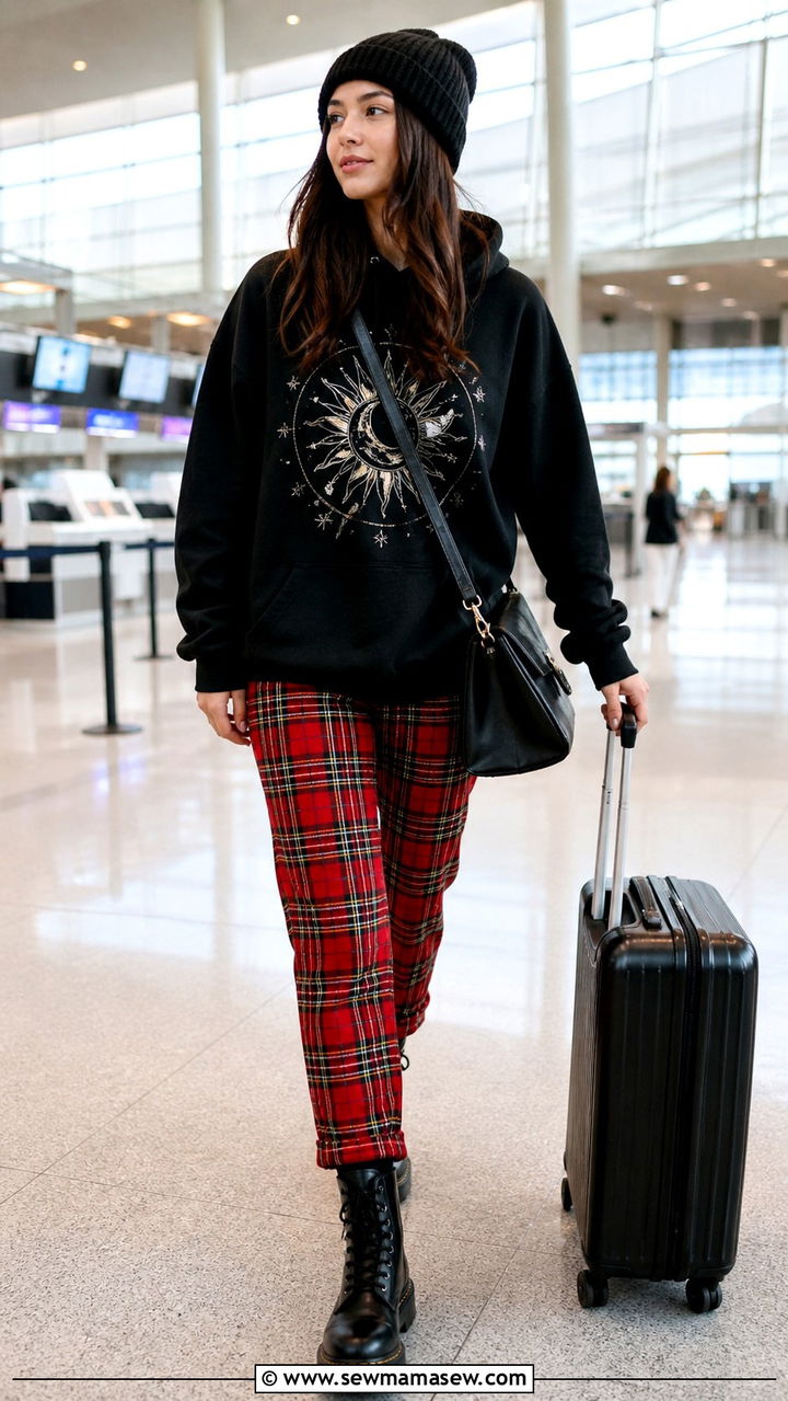 Graphic Hoodie With Plaid Trousers And Combat Boots - 40 grunge outfits ideas
