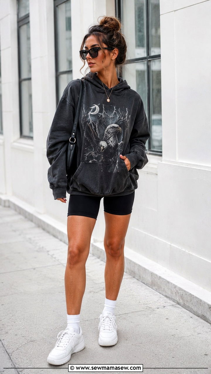 Graphic Hoodie and Biker Shorts Grunge Outfit - 20 grunge capsule wardrobe outfits