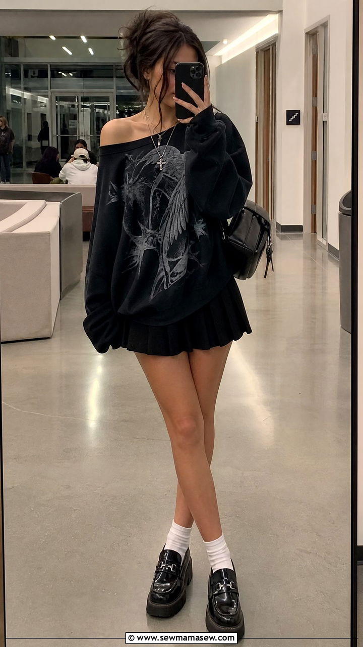 Graphic Hoodie and Pleated Mini Skirt Outfit - 30 summer edgy outfit ideas