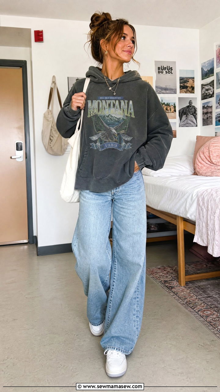 Graphic Hoodie and Wide Leg Jeans - 25 Boarding school outfit ideas teens