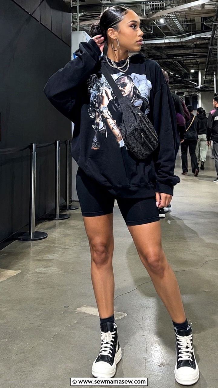 Graphic Hoodie with Biker Shorts - 30 Indoor concert outfit ideas