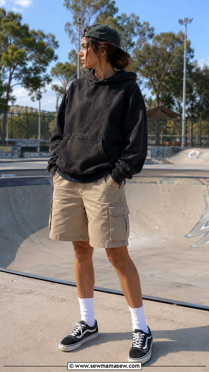 Graphic Hoodie with Cargo Shorts and Skate Shoes - 30 Tomboy outfit ideas