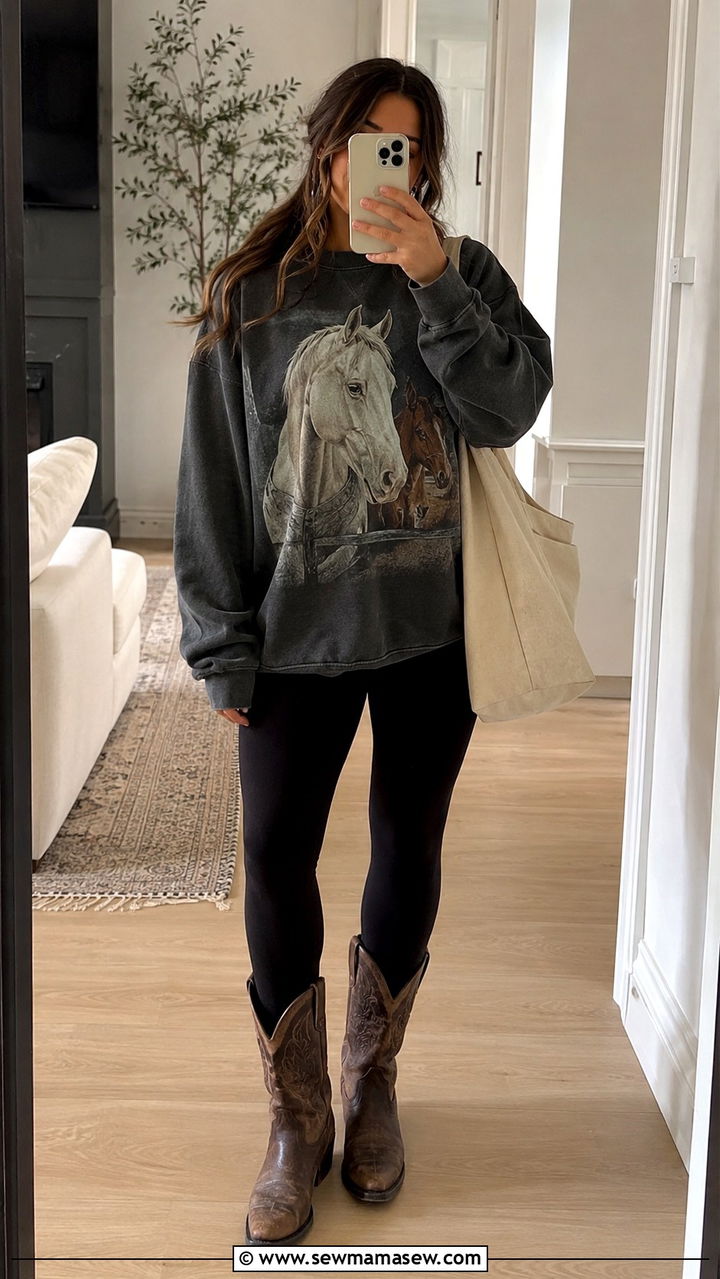 Graphic Horse Sweatshirt and Leggings With Cowboy Boots Outfit - 30 Horse girl outfit ideas