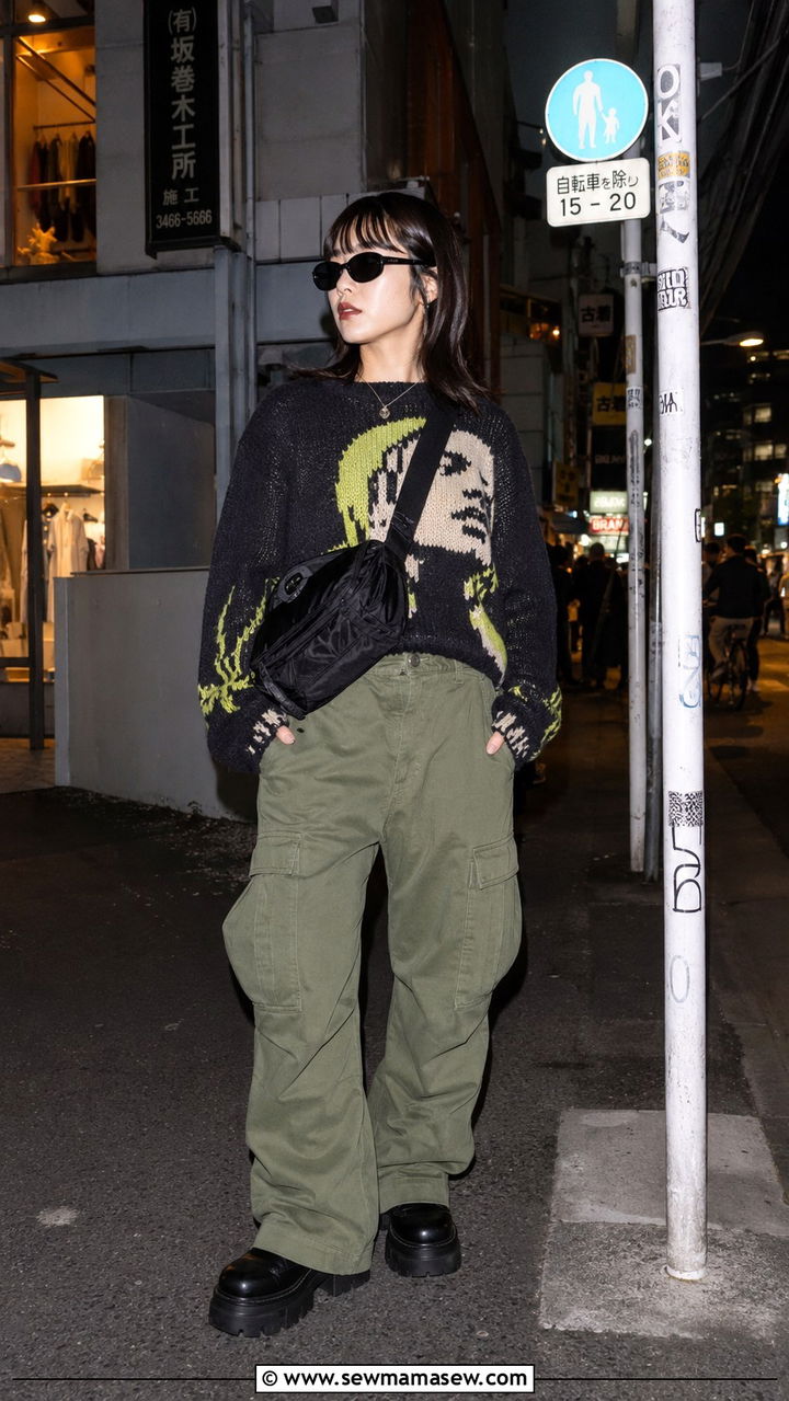 Graphic Knit Sweater With Cargo Trousers and Platform Boots - 30 Tokyo outfit ideas