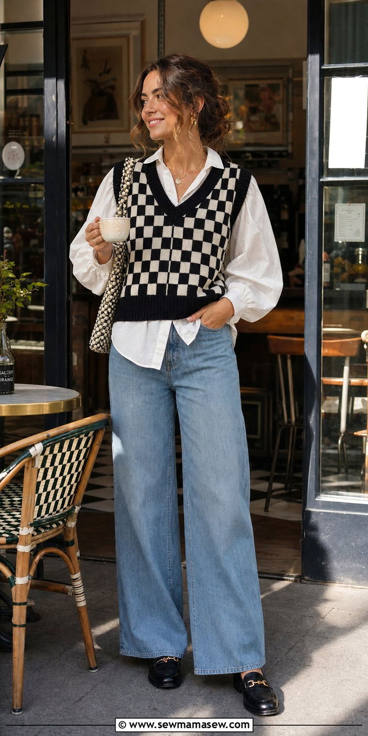 Graphic Knit Vest Over A Puff Sleeve Collared Shirt - 25 classy maximalist outfits