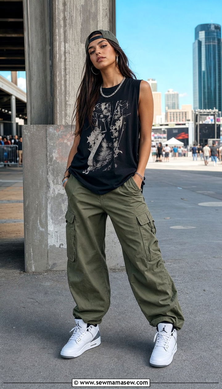 Graphic Muscle Tank with Cargo Pants and Jordans - 25 concert outfits 2026