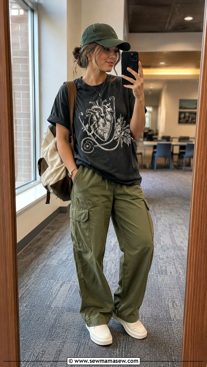 Graphic Nursing Tee With Cargo Pants And Slip On Sneakers - 25 Nursing student outfit ideas