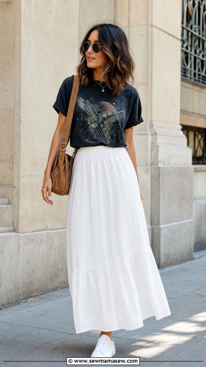 Graphic Oversized Tee With White Maxi Skirt - 25 Early August outfit ideas