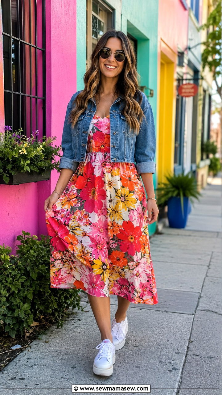 Graphic Print Midi Dress With A Denim Jacket And White Sneakers - 20 Profile photo outfit ideas