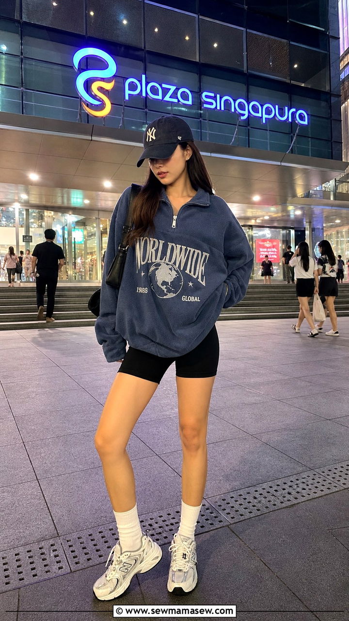 Graphic Pullover Fleece with Biker Shorts and Crew Socks - 40 What to wear in Singapore