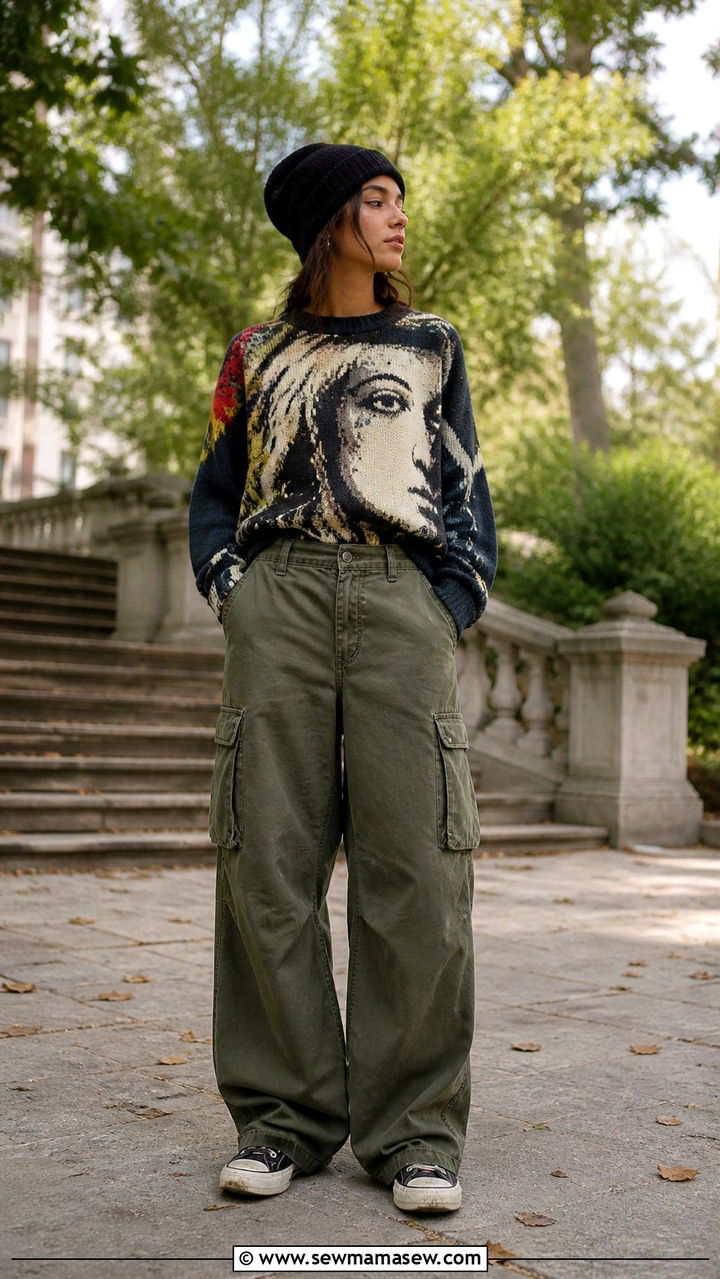 Graphic Sweater Baggy Cargo Pants Slouchy Beanie - 40 Grunge outfit ideas