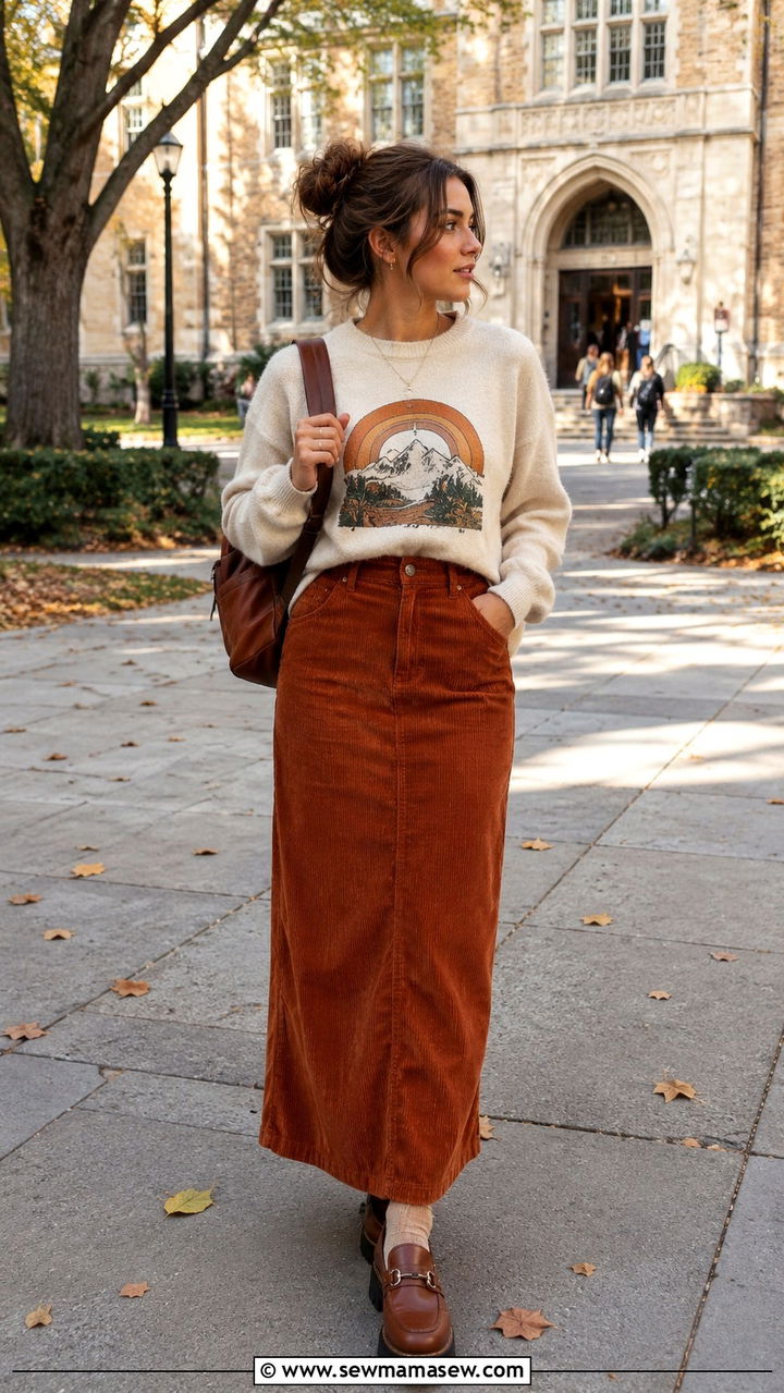 Graphic Sweater With A Corduroy Maxi Skirt Outfit - 30 how to style maxi skirt outfits
