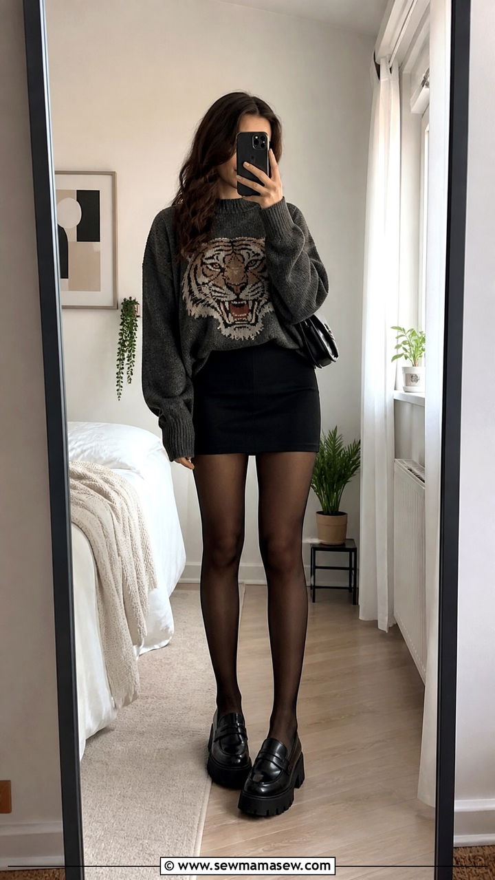 Graphic Sweater With Black Mini Skirt And Tights - 40 What to wear in Amsterdam