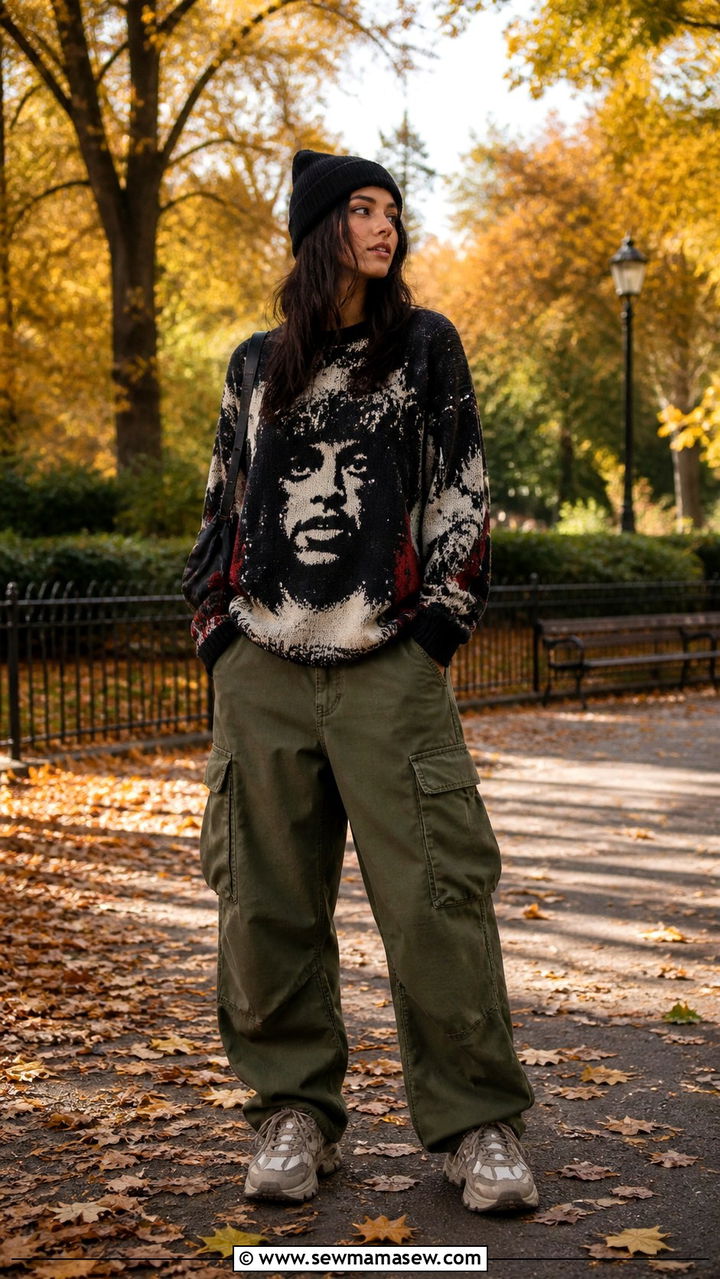 Graphic Sweater and Cargo Pants Grunge Outfit - 40 grunge outfits for women