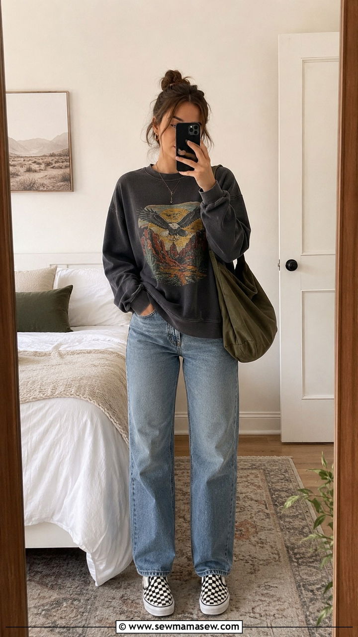 Graphic Sweatshirt And Straight Jeans Outfit - 25 Mom uniform outfit ideas