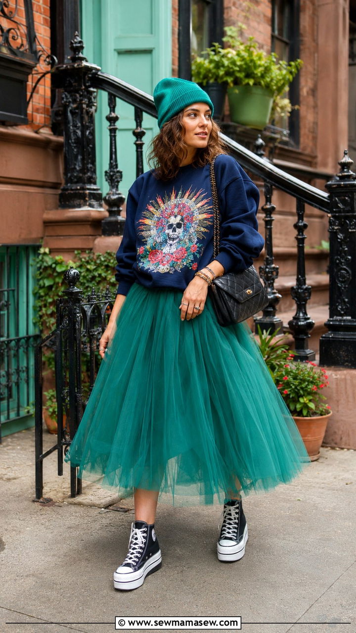 Graphic Sweatshirt With A Tulle Skirt And High Top Sneakers - 30 casual maximalist outfits