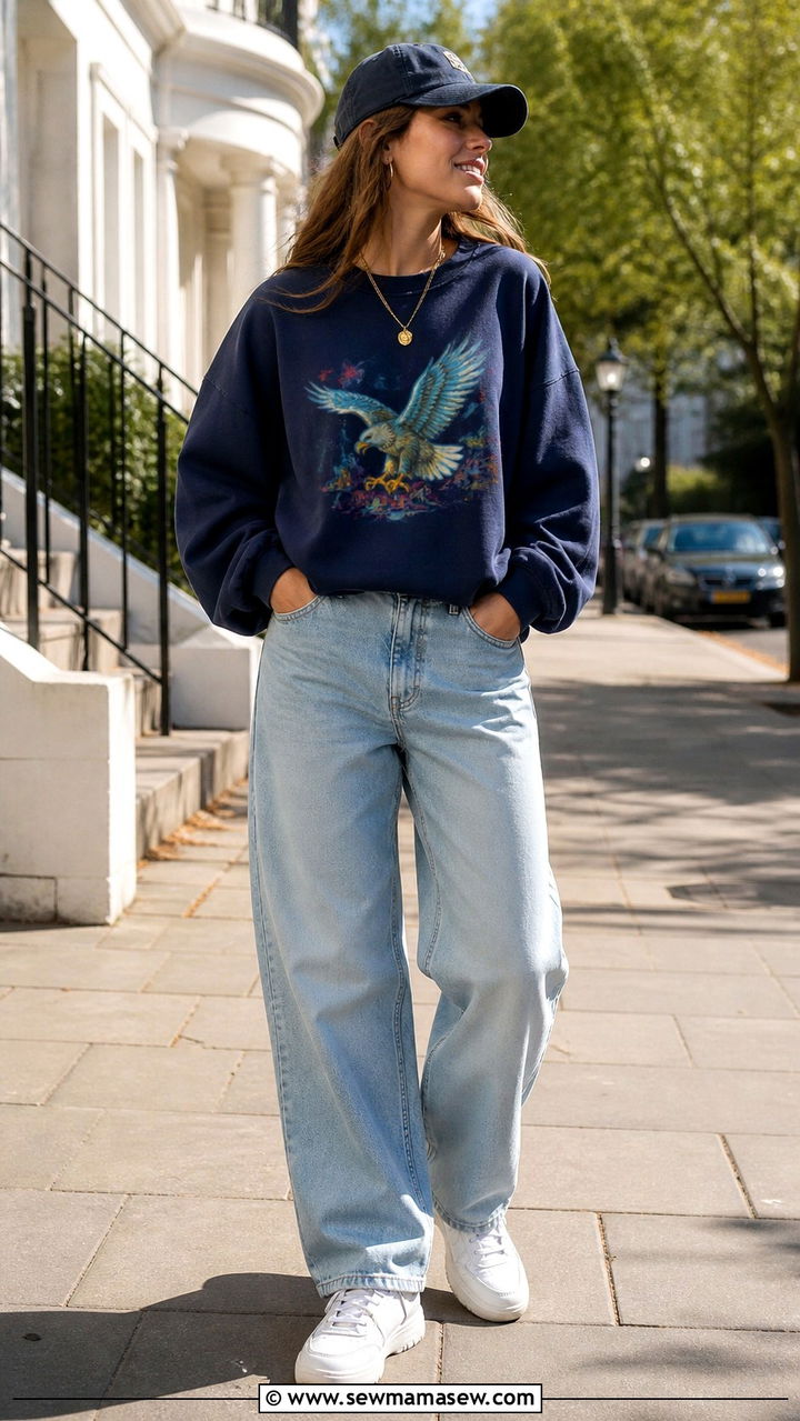Graphic Sweatshirt With Baggy Jeans and a Cap - 40 Korean outfit ideas