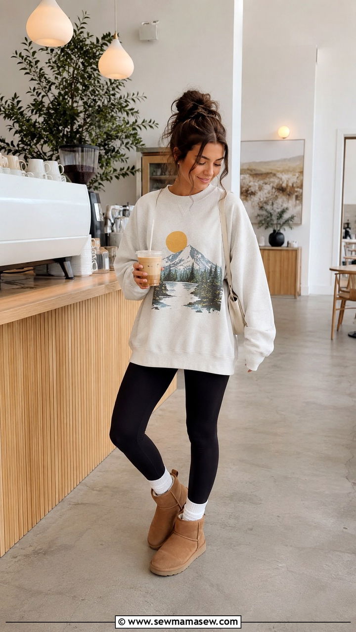 Graphic Sweatshirt With Leggings and Ugg Style Boots - 30 Trendy outfits for 15 year olds