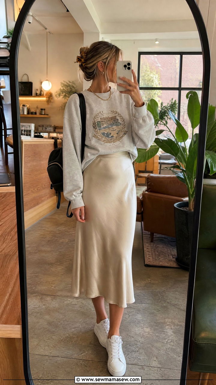 Graphic Sweatshirt With Midi Skirt - 30 College senior outfit ideas